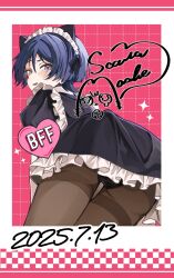 Rule 34 | 1boy, alternate costume, animal ear hairband, animal ears, apron, ass, ass focus, black bow, black dress, black hair, black panties, black sleeves, blunt ends, blush, bow, brown pantyhose, cat ears, character name, dated, dress, enmaided, fake animal ears, frilled apron, frilled hairband, frills, genshin impact, hair between eyes, hair bow, hairband, heart, highres, juliet sleeves, lace, lace-trimmed panties, lace trim, lingerie, long sleeves, looking at viewer, looking back, maid, maid apron, maid headdress, male focus, open mouth, panties, pantyhose, puffy sleeves, purple eyes, raised eyebrow, scaramouche (genshin impact), solo, underwear, uneven eyes, wa gi88