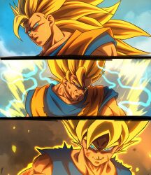Rule 34 | 1boy, absurdres, aura, blonde hair, blue shirt, ch nadhir, dougi, dragon ball, dragonball z, electricity, green eyes, highres, long hair, medium hair, multiple views, no eyebrows, orange shirt, shirt, smirk, son goku, spiked hair, super saiyan, super saiyan 1, super saiyan 2, super saiyan 3