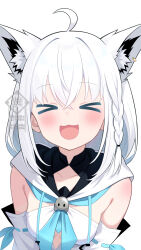 1girl absurdres ahoge animal_ear_fluff animal_ears bare_shoulders blue_neckerchief blush braid breasts closed_eyes detached_sleeves fox fox_ears fox_girl fuminshou_(nekopan_art) hair_between_eyes highres hololive hood hoodie long_hair neckerchief open_mouth shirakami_fubuki shirakami_fubuki_(1st_costume) single_braid solo virtual_youtuber white_background white_hair white_hoodie