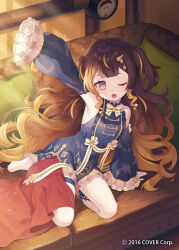1girl ;o anya_melfissa anya_melfissa_(1st_costume) arm_up armpits barefoot black_dress black_sleeves blonde_hair brown_hair center-flap_bangs center_frills commentary_request copyright_notice detached_sleeves double-parted_bangs dress drill_hair drill_sidelocks flat_chest frilled_dress frills gradient_hair hair_ornament hairclip hololive hololive_indonesia indoors long_hair long_sleeves multicolored_hair namihaya official_art one_eye_closed open_mouth outstretched_arm purple_eyes short_dress short_eyebrows sidelocks sitting sleeveless sleeveless_dress solo streaked_hair thigh_strap two_side_up very_long_hair virtual_youtuber waking_up wavy_hair