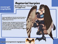 1girl a.c._hunter absurdres belt bird bird_legs bird_tail black_choker black_hair black_skirt blue_background breasts brown_feathers brown_wings character_profile choker cleavage commentary digitigrade eagle english_commentary english_text feathered_wings feathers full_body fur-trimmed_jacket fur_trim hair_over_one_eye highres jacket large_breasts looking_at_viewer midriff navel navel_piercing original piercing red_eyes reference_inset skirt smile solo tail talons winged_arms wings