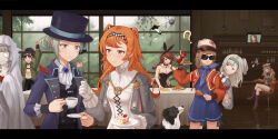 &gt;:( 3d_glasses 6+girls :3 :t ? absurdres alien_t an-an_lee animal_ear_headwear animal_ears apple apple_(reverse:1999) arm_up ascot aviator_cap badge bar_stool bare_arms bare_shoulders behind_another black_bow black_bowtie black_choker black_gloves black_hair black_leotard black_pantyhose black_skirt black_vest blonde_hair blue_dress blue_eyes blue_hairband blue_neckerchief blush boater_hat boots border_collie bow bowtie braid breasts brown_footwear brown_gloves brown_hair brown_hat brown_jacket brown_shorts bunny_bunny_(reverse:1999) cabbie_hat cake cake_slice can canteen checkered_hairband chicken_(food) chicken_leg choker cleavage closed_eyes clothes_writing clothing_cutout coat cocktail_shaker collared_shirt counter crossed_legs cup day detached_collar dog dress drink_can envy eyewear_on_head fake_animal_ears feathers feeding fingerless_gloves flying_saucer food fork fruit ghost_costume gloves goggles goggles_on_headwear green_eyes green_jacket grey_cloak grey_eyes grey_hair grey_shirt grey_shorts grey_sweater grin hair_bun hairband hand_up hat high_collar highres holding holding_can holding_canteen holding_cup holding_food holding_fork holding_saucer indoors jacket knee_boots large_breasts leotard lilya_(reverse:1999) long_hair long_sleeves long_table looking_at_another looking_at_food looking_down luoyi_(user_xatj3328) mask mask_around_neck matilda_bouanich medium_hair multiple_girls neckerchief necktie notice_lines o_o on_stool one_side_up orange_hair oxygen_mask pantyhose parted_lips pickles_(reverse:1999) plate playboy_bunny poltergeist_(reverse:1999) puffy_long_sleeves puffy_sleeves purple_coat rabbit_ears red_feathers red_jacket red_necktie regulus_(reverse:1999) reverse:1999 satellite saucer sheet_ghost shelf shirt short_dress short_hair short_shorts shorts side_cutout single_side_bun sitting skirt smile soda_can sonetto_(reverse:1999) spacecraft sputnik sputnik_(reverse:1999) stool strapless strapless_leotard strawberry_cake sunglasses sweater table tablecloth teacup television tile_floor tiles traditional_bowtie triangle_mouth ttt_(reverse:1999) twin_braids two_side_up ufo upper_body v-shaped_eyebrows vertin_(reverse:1999) vest waistcoat white_ascot white_dress white_gloves white_shirt window