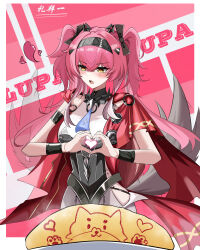 Rule 34 | 1girl, absurdres, armlet, armor, black bow, blush, bodysuit, bow, breastplate, breasts, character name, collar, commentary request, food, hair bow, hairband, headgear, heart, heart hands, highres, jewelry, libaiyi hao, long hair, lupa (wuthering waves), medium breasts, metal collar, metal hairband, multiple hair bows, omelet, omurice, open mouth, red pupils, red sash, sash, solo, tacet mark (wuthering waves), twintails, white bodysuit, wrist guards, wuthering waves, yellow eyes