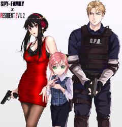 Rule 34 | ada wong, ada wong (cosplay), anya (spy x family), black choker, black hair, blonde hair, blue eyes, blue pants, blue shirt, body armor, bulletproof vest, choker, cosplay, curtained hair, dress, earrings, elbow pads, family, father and daughter, fingerless gloves, gloves, gold earrings, gun, hairpods, handgun, henoopd, highres, husband and wife, jewelry, knee pads, leon s. kennedy, leon s. kennedy (cosplay), mother and daughter, pants, pantyhose, police, police uniform, pouch, red dress, resident evil, resident evil 2, sherry birkin, sherry birkin (cosplay), shirt, short hair with long locks, shoulder pads, spy x family, taut clothes, taut dress, twilight (spy x family), weapon, yor briar