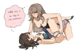 2girls blue_dress blue_gloves blue_hair blue_shoes blush breasts brown_hair cleavage closed_mouth commentary dress elbow_gloves english_commentary english_text gloves herta_(honkai:_star_rail) high_heels highres honkai:_star_rail honkai_(series) long_hair medium_breasts multicolored_hair multiple_girls panties panty_pull purple_eyes ruan_mei_(honkai:_star_rail) shoes simple_background speech_bubble streaked_hair sweatdrop the_herta_(honkai:_star_rail) thought_bubble underwear white_background youmayb_onmymin yuri