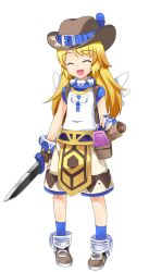 1girl :d belt blonde_hair blue_belt blue_shirt blue_socks boots brown_gloves brown_hat brown_shorts closed_eyes cowboy_hat cross cross_print dagger fingerless_gloves flat_chest full_body gloves hat hat_belt hat_feather holding holding_dagger holding_knife holding_weapon knife large_variant_set long_hair official_art open_mouth pelvic_curtain ragnarok:_guild_masters ragnarok_online scroll shiratama_dango shirt shoes shorts simple_background sleeveless sleeveless_shirt smile socks solo standing super_novice_(ragnarok_online) transparent_background turtleneck turtleneck_shirt two-tone_shirt variant_set weapon white_shirt
