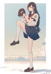 1girl baseball baseball_field baseball_glove black_hair blue_sailor_collar blue_scrunchie blue_skirt border bracelet brown_shoes closed_mouth earrings final_fantasy final_fantasy_vii final_fantasy_vii_ever_crisis foot_up full_body hair_ornament hair_scrunchie hairclip highres holding jewelry kneehighs long_hair looking_at_viewer low-tied_long_hair midriff_peek miniskirt mixmomo_yah neckerchief official_alternate_costume outdoors outside_border pleated_skirt red_eyes red_neckerchief sailor_collar school_uniform scrunchie serafuku shoes short_sleeves skirt socks solo standing standing_on_one_leg tifa_lockhart tifa_lockhart_(midgard_seventh_high_school) white_border