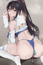 1girl absurdres adjusting_eyewear anal anal_object_insertion ass black_hair blue_bra blue_panties bra breasts butt_plug colored_inner_hair commentary_request detached_sleeves goddess_of_victory:_nikke highres lace lace_panties large_breasts long_hair long_sleeves looking_at_viewer moran_(nikke) moran_(off-duty_queen)_(nikke) multicolored_hair object_insertion paid_reward_available panties parted_lips pumi_puru purple_nails pussy_juice red_eyes red_hair round_eyewear sex_toy simple_background sitting sleeve_zipper solo sweat thighhighs two-tone_hair underwear very_long_hair wariza white_sleeves white_thighhighs
