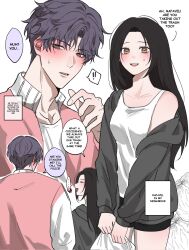 1boy 1girl anger_vein bag black_hair black_shorts blush brown_eyes english_text evil_fishie grey_hoodie hetero highres holding holding_bag hood hoodie jacket long_hair love_and_deepspace pink_jacket protagonist_(love_and_deepspace) purple_hair rafayel_(love_and_deepspace) shirt short_hair shorts simple_background speech_bubble talking tank_top trash_bag white_background white_shirt white_tank_top