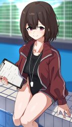 Rule 34 | 1girl, black hair, black one-piece swimsuit, brown jacket, clipboard, ecliygame, highleg, highleg one-piece swimsuit, highres, jacket, one-piece swimsuit, original, poolside, red eyes, short hair, smile, soaking feet, solo, swimsuit, track jacket, whistle, whistle around neck