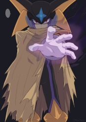 1boy ayla_kazemi bass.exe_(mega_man) black_background black_bodysuit black_helmet bodysuit brown_cloak cloak facial_mark feet_out_of_frame fins forehead_jewel head_fins helmet highres looking_at_viewer male_focus mega_man_(series) mega_man_battle_network_(series) netnavi red_eyes simple_background solo