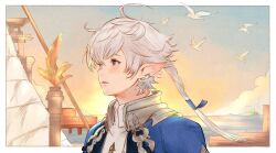 1boy alphinaud_leveilleur bird blue_eyes blue_jacket blush border cloud collared_jacket collared_shirt earrings elezen elf final_fantasy final_fantasy_xiv flying highres hutaba_0718 jacket jewelry leaf long_pointy_ears looking_ahead male_focus open_clothes open_jacket open_mouth outdoors outside_border parted_bangs pier piercing plant pointy_ears ponytail popped_collar profile shirt single_earring sky solo sunset upper_body white_border white_hair white_shirt