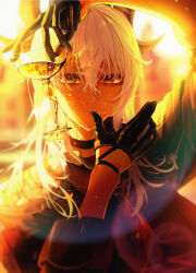 1girl absurdres arm_pouch arm_up black_choker black_gloves black_horns black_pouch blurry blurry_background breasts choker commentary cup curled_horns drinking_glass gloves hair_between_eyes hand_up highres holding holding_cup horns large_breasts looking_at_viewer necktie parted_lips portrait red_necktie solo user_kkeu5832 wet wuthering_waves zani_(wuthering_waves)