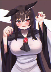 1girl absurdres animal_ear_fluff animal_ears blush breasts brooch brown_hair collarbone dress hair_between_eyes heaven4014 highres imaizumi_kagerou jewelry large_breasts long_dress long_hair looking_at_viewer open_mouth paw red_eyes red_nails sweat tohoheaven touhou very_long_hair wolf_ears