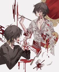 1boy art_brush bad_id bad_pixiv_id bird black_shirt bleeding blood blood_on_clothes blood_on_face blood_on_hands blood_splatter brown_hair cuts dead_animal entrails hand_up hands_up highres holding holding_paint_palette holding_paintbrush holding_paint_palette injury long_sleeves looking_to_the_side male_focus meremero mirror multicolored_hair multiple_views organs paint_palette paintbrush painting_(action) paint_palette palette_knife razor_blade scar scar_on_face self-harm self-harm_scar shirt short_hair slow_damage towa_(slow_damage) upper_body wrist_cutting yellow_eyes