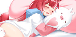 1girl bed_sheet blush character_request closed_eyes copyright_request gumae hair_ornament hairclip highres hugging_object long_hair long_sleeves lying on_bed open_mouth pajamas parallel_hairclips pillow red_hair shirt solo very_long_hair white_shirt