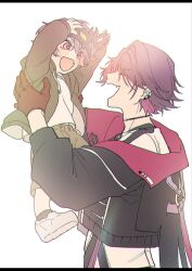 2boys :d ^_^ aged_down arms_up black_choker black_hoodie black_jacket black_socks brown_shorts child choker chromatic_aberration closed_eyes commentary_request drawstring dual_persona ear_piercing eye_mask fang gloves hair_intakes happy highres holding holding_mask hood hoodie jacket kaburagi_(pnoir087) lifting_person long_sleeves looking_at_another male_focus mask multicolored_eyes multicolored_hair multiple_boys nijisanji open_clothes open_hoodie open_jacket open_mouth parted_bangs piercing pink_hair profile puffy_long_sleeves puffy_sleeves purple_eyes purple_hair red_gloves shirt shoes short_hair shorts simple_background skin_fang smile socks time_paradox two-tone_eyes two-tone_hair unworn_mask upper_body v-shaped_eyebrows virtual_youtuber watarai_hibari watarai_hibari_(1st_costume) white_background white_shirt white_shoes yellow_eyes