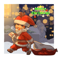 3boys aged_down beard black_hair facial_hair fake_beard fake_facial_hair hanpenkotyan hat hiding highres holding holding_paper holding_sack male_focus merry_christmas monkey_d._luffy multiple_boys mustache one_piece paper portgas_d._ace sabo_(one_piece) sack santa_hat scar scar_on_face short_hair twitter_username