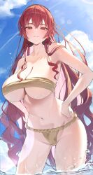 1girl absurdres aged_up ahoge bikini black_hairband blue_sky breasts cleavage cloud commentary_request crossed_bangs eris_greyrat from_below fundoshi hair_between_eyes hairband hands_on_own_hips highres japanese_clothes large_breasts long_hair marbo_(saico556) mushoku_tensei navel ocean outdoors parted_lips red_eyes red_hair seductive_gaze seductive_smile sky smile solo standing swimsuit underboob very_long_hair wading water wet wet_clothes wet_fundoshi