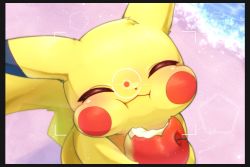 aije apple bitten_apple blush chewing closed_eyes closed_mouth commentary_request eating food food_bite fruit gen_1_pokemon head_back holding holding_food holding_fruit nintendo no_humans outdoors pikachu pokemon pokemon_(creature) pokemon_snap signature solo viewfinder