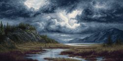 astrobionics cloud cloudy_sky commentary english_commentary highres lake mountainous_horizon no_humans original outdoors pixel_art scenery sky