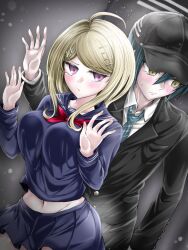 1boy 1girl ahoge akamatsu_kaede black_hair black_jacket blonde_hair blush breasts brown_eyes collared_shirt danganronpa_(series) danganronpa_v3:_killing_harmony hair_between_eyes hair_ornament highres jacket large_breasts long_hair long_sleeves looking_at_viewer moon_(moon0771110) official_alternate_costume pleated_skirt saihara_shuichi shirt short_hair skirt white_shirt