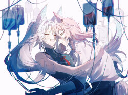 1boy 1girl amoamofu animal_ears bandaid bare_shoulders blood blood_bag blurry blurry_foreground braid closed_eyes face-to-face feixiao_(honkai:_star_rail) floating_hair fox_boy fox_ears fox_tail heattech_leotard high_ponytail highres honkai:_star_rail honkai_(series) hug intravenous_drip jiaoqiu_(honkai:_star_rail) leaning_back leaning_forward leotard long_hair looking_at_another open_mouth parted_lips pink_hair ponytail shirt shirt_tucked_in sleeveless sleeveless_turtleneck_leotard smile tail turtleneck very_long_hair white_hair yellow_eyes