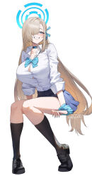 1girl aqua_nails artist_name asuna_(blue_archive) asuna_(school_uniform)_(blue_archive) black_shoes black_socks blonde_hair blue_archive blue_eyes blue_ribbon blue_skirt blush breasts choker collarbone collared_shirt dress_shirt full_body grin hair_over_one_eye hair_ribbon halo highres kneehighs large_breasts loafers long_hair looking_at_viewer nail_polish pleated_skirt raijuu_(bakanara) ribbon scrunchie shirt shoes simple_background sitting skirt sleeves_rolled_up smile socks solo very_long_hair white_background white_shirt wrist_scrunchie
