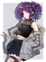 1girl absurdres black_shirt black_skirt blowing_bubbles blunt_bangs breasts chewing_gum cowboy_shot down_jacket drop_shadow fishnet_pantyhose fishnets fur-trimmed_jacket fur_trim grey_background grey_jacket highres idolmaster idolmaster_shiny_colors jacket looking_at_viewer medium_breasts medium_hair midriff miniskirt off_shoulder open_clothes open_jacket pantyhose pleated_skirt purple_eyes purple_hair shirt short_twintails skirt sleeveless sleeveless_shirt solo spiked_thigh_strap tanaka_mamimi thigh_strap twintails two-tone_background urota_shimapann v