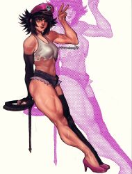 1girl artist_name black_hair cosplay crop_top denim denim_shorts devil_may_cry_(series) final_fight green_eyes hat high_heels highres lady_(devil_may_cry) midriff navel pink_hat poison_(final_fight) poison_(final_fight)_(cosplay) scar scar_on_face scar_on_leg scar_on_nose shorts smile strawderryst street_fighter tank_top v white_tank_top