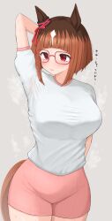Rule 34 | 1girl, alternate costume, animal ears, arm behind back, arm up, bob cut, breasts, brown hair, commentary request, cowboy shot, ear ornament, glasses, grey background, gym uniform, highres, horse ears, horse girl, horse tail, inverted bob, large breasts, multicolored hair, pink shorts, red-framed eyewear, red eyes, shirt, short hair, short sleeves, shorts, simple background, solo, steaming body, streaked hair, sukenoha, sweat, tail, transcend (umamusume), translation request, umamusume, white hair, white shirt