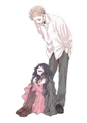 1boy 1girl absurdres black_eyes black_hair black_pantyhose black_shoes blazer blonde_hair brown_shoes closed_mouth coat collared_shirt dress_shirt earclip eye_contact full_body grey_coat grey_pants hands_in_pockets highres jacket kaoru_hana_wa_rin_to_saku kikyo_private_academy_school_uniform knees_up loafers long_hair long_skirt long_sleeves looking_at_another looking_down looking_up mikami_saka official_art open_clothes open_jacket open_mouth pants pantyhose pink_serafuku pink_shirt pink_skirt pleated_skirt school_uniform serafuku shirt shoes short_hair simple_background sitting skirt smile spiked_hair standing teeth tongue tsumugi_rintarou upper_teeth_only waguri_kaoruko wavy_hair white_background white_shirt wispy_bangs