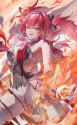 1girl absurdres armor bare_shoulders black_bow bodysuit boots bow breastplate breasts chigusa7h commentary_request hair_bow hair_ornament hairband highres long_hair looking_at_viewer lupa_(wuthering_waves) medium_breasts metal_hairband multiple_hair_bows pink_hair red_pupils red_sash sash smile solo tacet_mark_(wuthering_waves) thigh_boots white_bodysuit white_boots wrist_guards wuthering_waves yellow_eyes