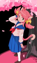 1girl :3 alternate_costume anatyanman animal_ears arm_at_side bell black_background blue_sailor_collar blue_skirt blue_sleeve_cuffs brown_shoes cat_ears cat_girl cat_tail cherry_blossoms closed_mouth falling_petals flipped_hair from_above full_body hair_bell hair_ornament hand_up highres loafers long_sleeves looking_at_viewer low_twintails mad_mew_mew medium_hair medium_skirt neckerchief pantyhose petals pink_background pink_petals pink_tail pleated_skirt puffy_long_sleeves puffy_sleeves red_neckerchief sailor_collar school_uniform shirt shoes sidelocks simple_background skirt solo standing swept_bangs tail tree twintails two-tone_background undertale white_pantyhose white_shirt winter_uniform