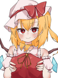 Rule 34 | 1girl, absurdres, blonde hair, blush, crystal, crystal wings, detached sleeves, flandre scarlet, hat, hat ribbon, highres, looking at viewer, miraruuts1231, mob cap, neck ribbon, red eyes, red ribbon, ribbon, short hair, short sleeves, side ponytail, simple background, smile, solo, sweat, touhou, upper body, white background, wings, yellow ribbon