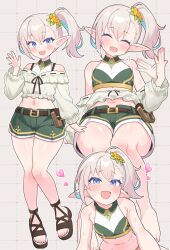 1girl armpit_crease barefoot blue_eyes blush breasts brown_sandals closed_eyes crop_top cropped_sweater elf fanning_self full_body green_shorts green_sweater heart highres knees_together_feet_apart looking_at_viewer midriff multiple_views navel open_mouth original pointy_ears sandals short_hair shorts side_ponytail sitting small_breasts smile sweat sweater toes ug_(nekonekodou) waving white_hair