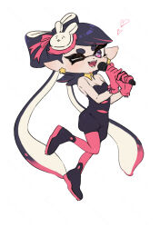 1girl :3 ankle_boots bare_shoulders black_boots black_hair black_jumpsuit boots bow bow-shaped_hair breasts callie_(splatoon) callie_(squid_sisters_outfit)_(splatoon) cleavage commentary_request coula_cat cross-shaped_pupils detached_collar earrings fangs gloves grin hair_bow hair_ornament heart highres jewelry jumpsuit long_hair looking_at_viewer multicolored_hair nintendo one_eye_closed open_mouth pantyhose pink_bow pink_gloves pink_hair pink_pantyhose purple_eyes short_jumpsuit simple_background small_breasts smile solo splatoon_(series) star_(symbol) star_earrings strapless_jumpsuit swept_bangs symbol-shaped_pupils tentacle_hair thick_eyebrows three_quarter_view two-tone_hair very_long_hair white_background yellow_collar
