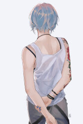 1girl arm_tattoo arms_behind_back back back_focus blue_hair blue_nails bracelet chloe_price denim flower_tattoo from_behind highres jeans jewelry jokemato life_is_strange_(series) life_is_strange_1 necklace pants shoulder_blades signature tank_top tattoo white_background white_tank_top