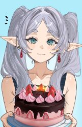 Rule 34 | 1girl, absurdres, artist name, birthday cake, blue background, cake, closed mouth, earrings, elf, food, frieren, green eyes, grey hair, harutoyumaarts, highres, jewelry, light smile, long hair, notice lines, pointy ears, simple background, solo, sousou no frieren, twintails