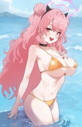 1girl bare_arms bare_legs bare_shoulders bikini black_choker blue_archive blush breasts choker cowboy_shot day double_bun fake_horns fingernails gold_bikini hair_bun halo highres horns kagemoe1003 kirara_(blue_archive) large_breasts long_fingernails long_hair nail_polish ocean open_mouth outdoors pink_eyes pink_hair pink_halo red_nails smile solo swimsuit wading water