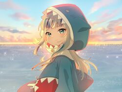 Rule 34 | 1girl, animal costume, animal hood, blue eyes, blue hair, blue hoodie, blue sky, blush, closed mouth, cloud, diffraction spikes, drawstring, evening, from side, gawr gura, gawr gura (1st costume), gradient sky, grey hair, highres, hololive, hololive english, hood, hood up, hoodie, horizon, long hair, looking at viewer, makugiga, multicolored hair, ocean, orange sky, outdoors, shark costume, shark hood, shark print, shinkiro (hololive), sidelocks, sky, smile, solo, split mouth, streaked hair, upper body, virtual youtuber, water