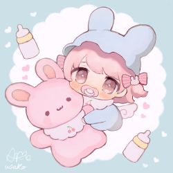 1girl ame_usako baby baby_bottle bib blue_background blush bottle bow brown_eyes commentary_request eyebrows_hidden_by_hair hair_bow hair_ornament heart highres looking_at_viewer mini_wings onesie original pacifier pink_bow pink_hair pink_wings rabbit_hair_ornament signature solo striped_bow stuffed_animal stuffed_rabbit stuffed_toy two-tone_background two_side_up white_background wings