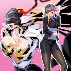 angewomon armor bandai bandai_namco bikini_armor blonde_hair blurry blurry_background bouncing_breasts bracelet breasts changing_clothes covered_eyes covered_face digimon digimon_(creature) feathered_helmet formal_clothes gerusyu glasses gloves hair_over_shoulder helmet highres holding holding_notebook jacket jewelry large_breasts long_hair miniskirt navel notebook office_lady open_clothes open_mouth pink_background ponytail running shirt sidelocks simple_background skirt speaking teeth thighhighs undressing upper_teeth_only white_gloves winged_helmet