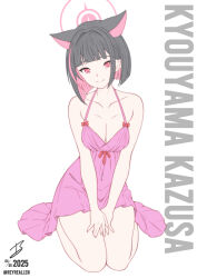 1girl absurdres alternate_costume animal_ears bare_arms bare_shoulders black_hair blue_archive blunt_bangs blunt_ends bob_cut bow breasts cat_ears cat_girl character_name cleavage closed_mouth collarbone colored_inner_hair commentary covered_navel dress dress_bow english_commentary extra_ears full_body hair_behind_ear hair_intakes halo halterneck highres kazusa_(blue_archive) looking_at_viewer medium_breasts multicolored_hair pink_dress pink_eyes pink_hair pink_halo raised_inner_eyebrows realen red_bow short_dress signature simple_background sitting sleeveless sleeveless_dress smile solo split_mouth thighs two-tone_hair v_arms wariza white_background