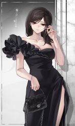 1girl arm_up bag black_dress black_eyes black_hair black_nails breasts cleavage closed_mouth commentary dress earrings highres holding holding_bag jewelry large_breasts long_hair nail_polish original sabotensuteeki side_slit solo standing symbol-only_commentary