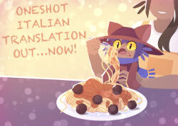 1girl 1other :o absurdres androgynous animal_hat apron blue_scarf brown_coat brown_hair brown_hat carrying carrying_person cat_hat child coat colored_sclera commentary dark-skinned_female dark_skin english_commentary english_text eyes_out_of_frame fangs feeding food food_on_face fork hat head_out_of_frame highres holding holding_fork long_hair meatball medium_hair mother_and_child nightmargin niko&#039;s_mom_(oneshot) niko_(oneshot) official_art oneshot_(game) open_mouth pasta purple_hair scarf second-party_source shirt short_sleeves sleeves_past_fingers sleeves_past_wrists smile spaghetti spaghetti_and_meatballs upper_body very_long_sleeves white_shirt yellow_apron yellow_sclera