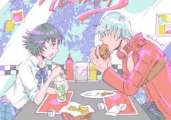 1boy 1girl allie_(united_f) artist_name black_hair burger coat dante_(devil_may_cry) devil_may_cry devil_may_cry_(series) devil_may_cry_3 eating food french_fries holding holding_burger holding_food lady_(devil_may_cry) plate pleated_skirt red_coat school_uniform shirt sitting skirt table white_hair white_shirt