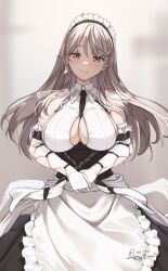 Rule 34 | 1girl, absurdres, apron, artist name, azur lane, between breasts, blurry, blurry background, breasts, charybdis (azur lane), cleavage, cleavage cutout, clothing cutout, collared dress, commentary, commission, criss-cross straps, dated, dress, elbow gloves, english commentary, frilled apron, frilled hairband, frills, gloves, grey background, grey eyes, grey hair, hair between eyes, hairband, halter dress, halterneck, highres, large breasts, long hair, looking at viewer, maid, maid apron, maid headdress, own hands together, pixiv commission, see-through clothes, see-through dress, sleeveless, sleeveless dress, smile, solo, standing, strap, sundajin asagi, underboob, underboob cutout, very long hair, white apron, white dress, white gloves