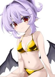 1girl akisome_hatsuka alternate_costume bat_wings bikini blush breasts cleavage closed_mouth collarbone commentary gold_bikini looking_at_viewer low_wings navel pointy_ears purple_hair red_eyes red_nails remilia_scarlet short_hair simple_background small_breasts solo stomach swimsuit touhou white_background wings