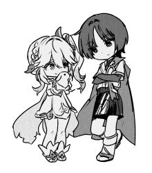 1boy 1girl animal anklet blunt_ends bow bracelet cape closed_mouth cross-shaped_pupils crossed_arms dress eyelashes foot_up full_body gem genshin_impact hair_between_eyes hair_ornament hakama hakama_shorts half_crown_braid highres holding holding_animal holding_rabbit japanese_clothes jewelry kimono kocokooo layered_sleeves leaf leaf_hair_ornament leg_warmers long_hair looking_at_another monochrome nahida_(genshin_impact) pleated_shorts pointy_ears rabbit scaramouche_(genshin_impact) short_sleeves shorts side_ponytail sidelocks smile standing symbol-shaped_pupils tassel toeless_footwear toeless_legwear vision_(genshin_impact) wanderer_(genshin_impact)